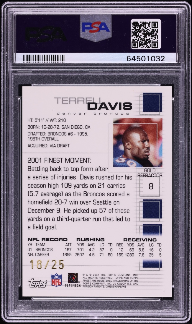 2002 Finest Gold Refractor Terrell Davis /25 #8 PSA 9 MINT - Photo 2
