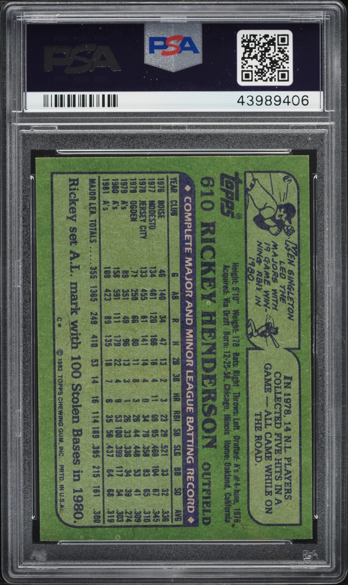 1982 Topps Rickey Henderson #610 PSA 9 MINT