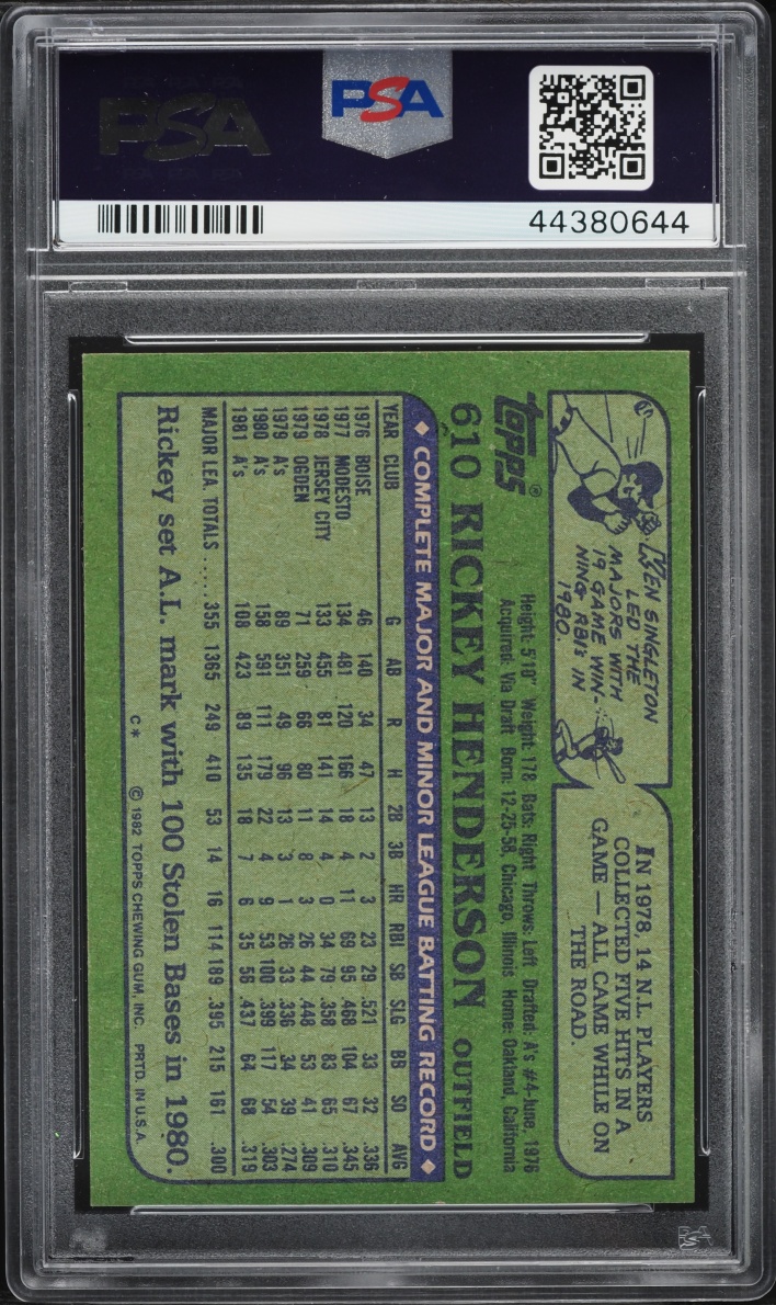 1982 Topps Rickey Henderson #610 PSA 9 MINT