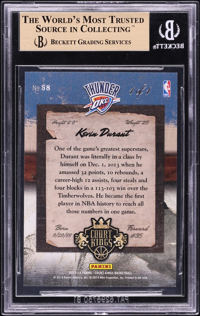 2013 Panini Court Kings Platinum Kevin Durant 1/1 #58 BGS 9.5 GEM MINT - Photo 2