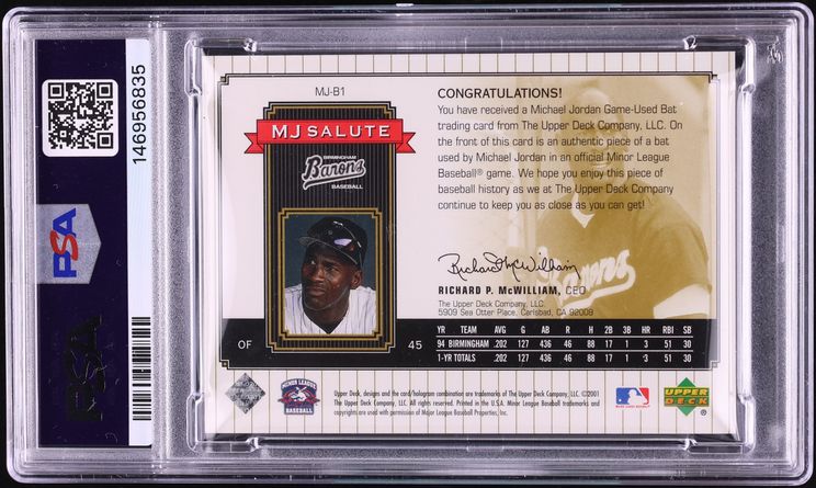 2001 Upper Deck Minor League Centennial MJ Salute Gold Michael Jordan RELIC /25 #MJ-B1 PSA 9