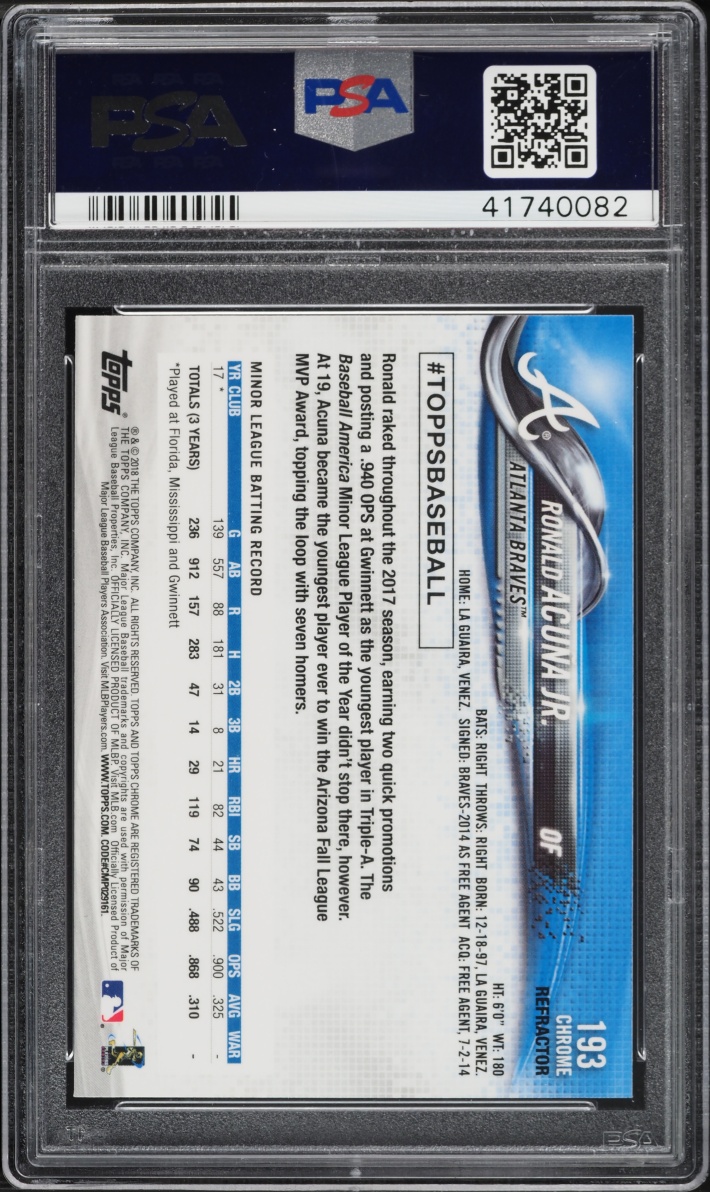 2018 Topps Chrome Pink Refractor Ronald Acuna Jr. ROOKIE #193 PSA 10 GEM MINT