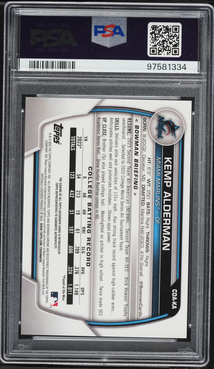 2023 Bowman Chrome Draft Kemp Alderman PROSPECT AUTO #CDA-KA PSA 10 GEM MINT