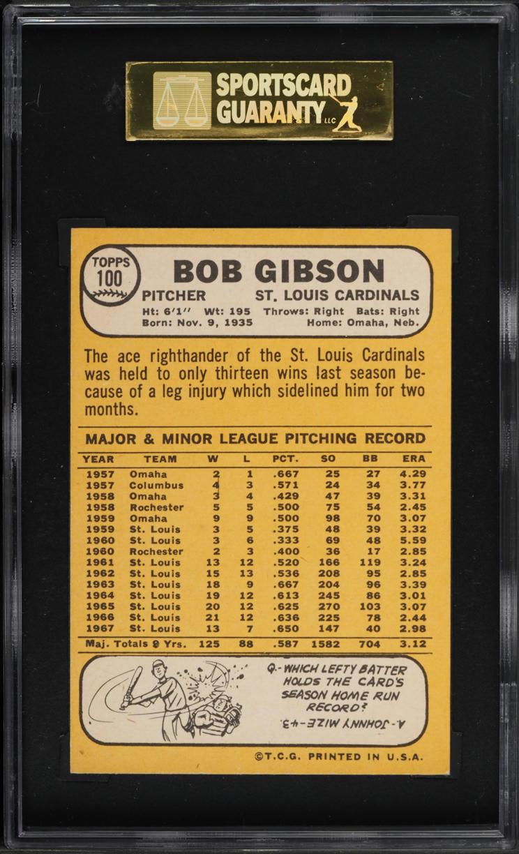 1968 Topps Bob Gibson #100 SGC 8.5 NM-MT+