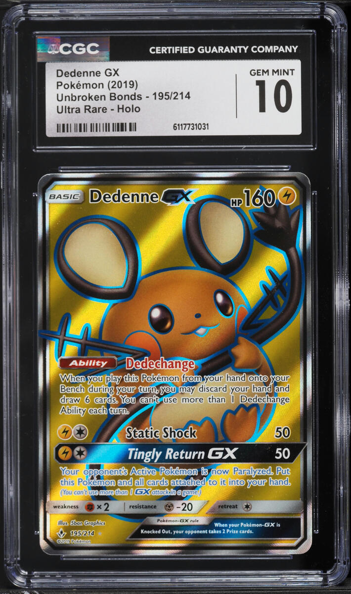 2019 Pokemon Sun & Moon Unbroken Bonds Full Art Dedenne GX #195 CGC 10 GEM MINT
