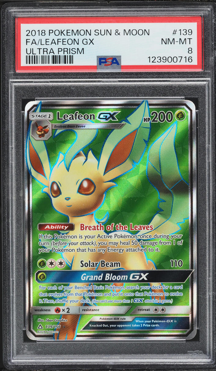 2018 Pokemon Sun & Moon Ultra Prism Full Art Leafeon GX #139 PSA 8 NM-MT