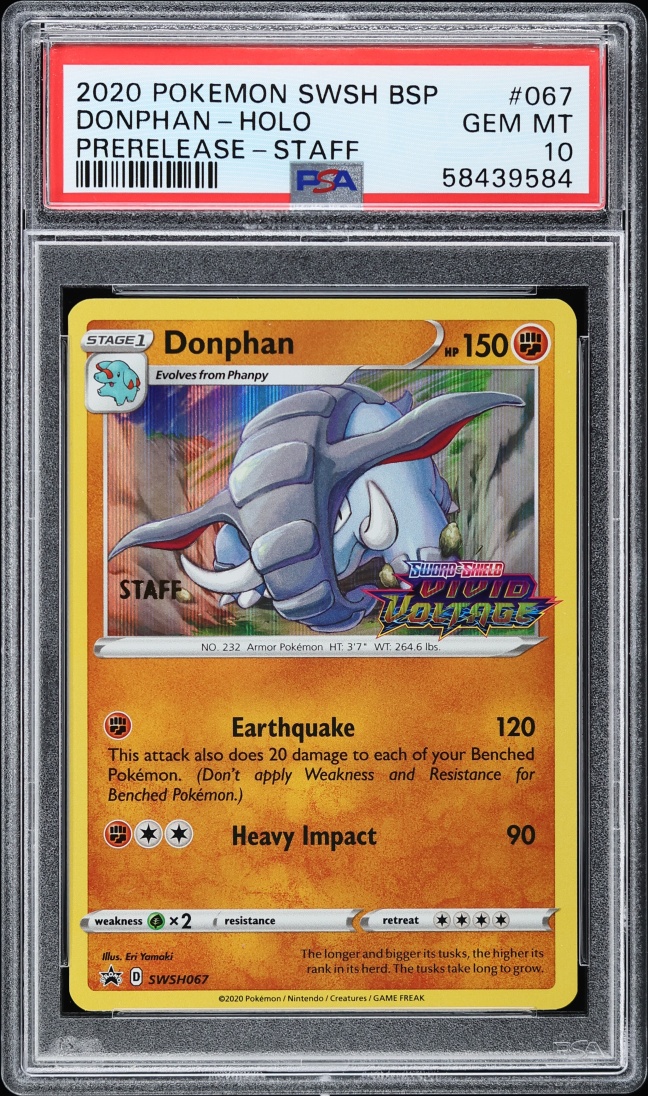 2020 Pokemon SWSH Promo Vivid Voltage Prerelease Staff Holo Donphan #67 PSA 10 GEM MINT