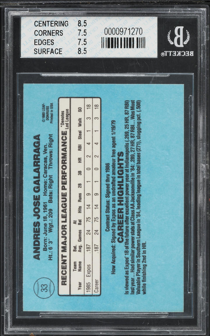 1986 Donruss Andres Galarraga ROOKIE #33 BGS 7.5 NRMT+