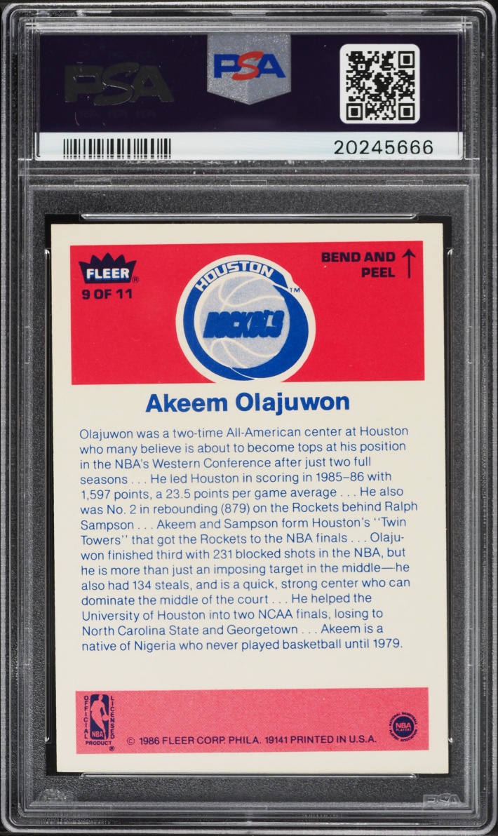 1986 Fleer Sticker Hakeem Olajuwon ROOKIE #9 PSA 9 MINT