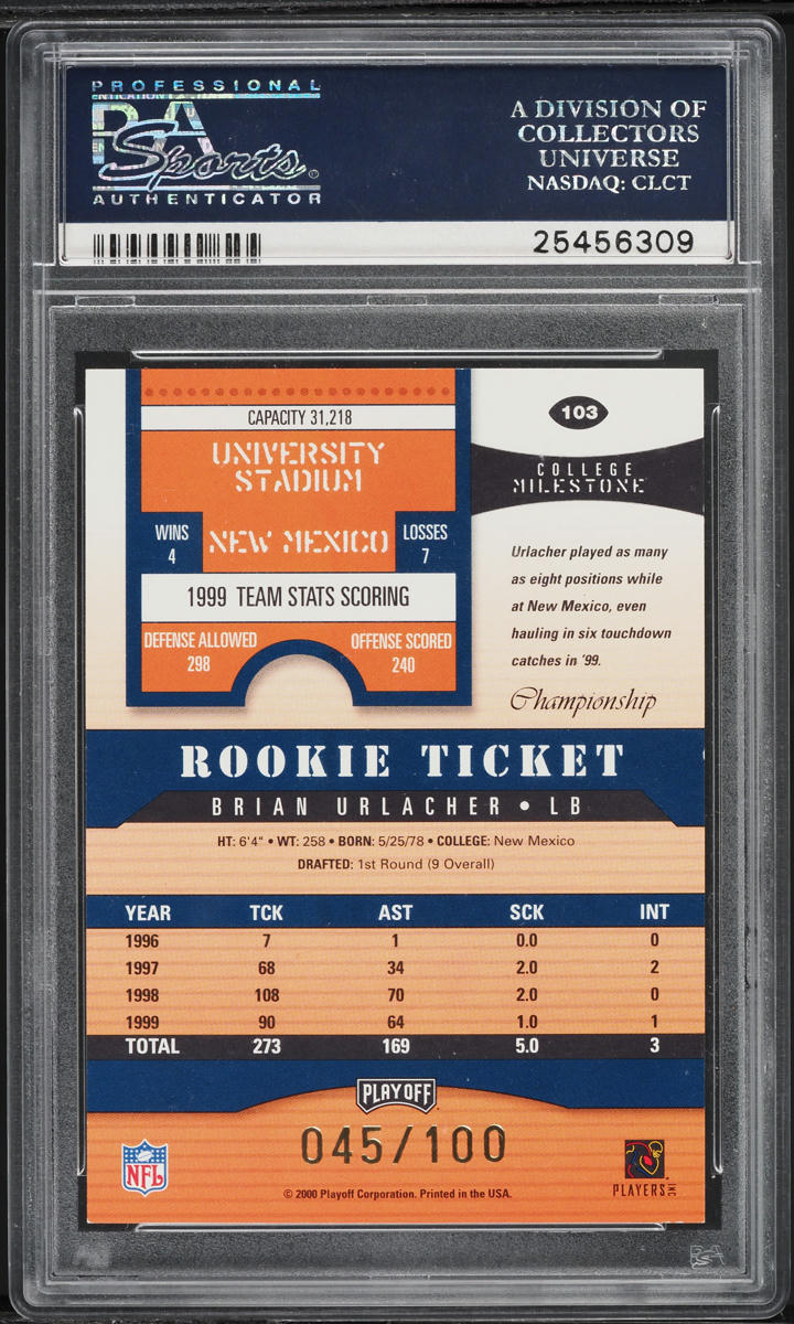 2000 Playoff Contenders Championship Brian Urlacher ROOKIE AUTO /100 #103 PSA 7