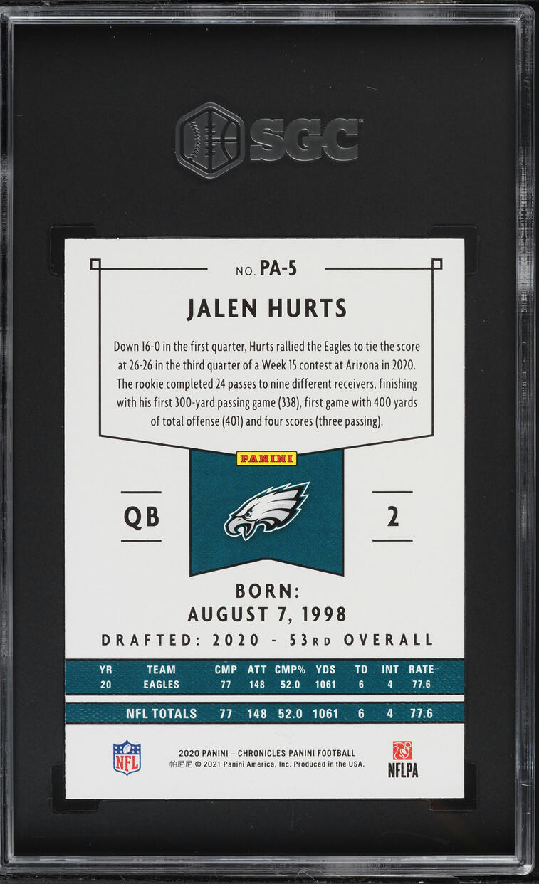 2020 Panini Chronicles Jalen Hurts ROOKIE #PA-5 SGC 10 GEM MINT