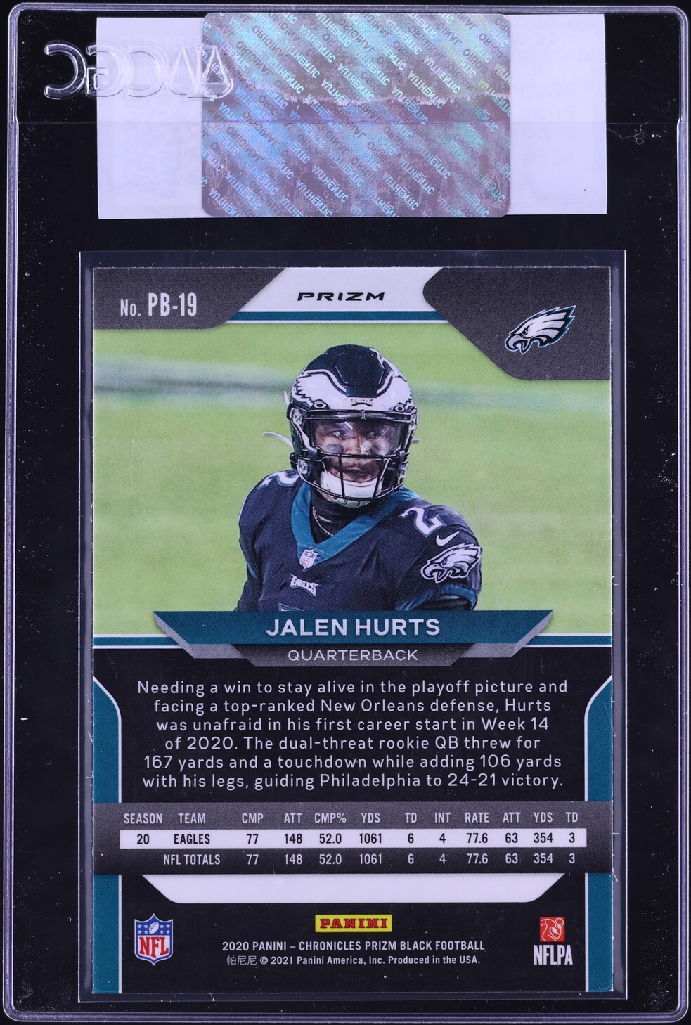 2020 Panini Chronicles Prizm Black Silver Jalen Hurts ROOKIE #PB-19 CGC AUTH