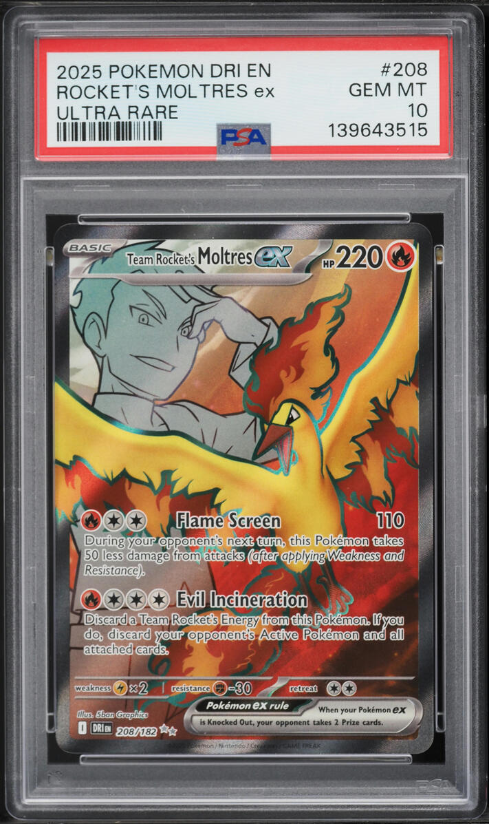 2025 Pokemon Scarlet & Violet Destined Rivals Full Art Team Rocket's Moltres ex #208 PSA 10 GEM