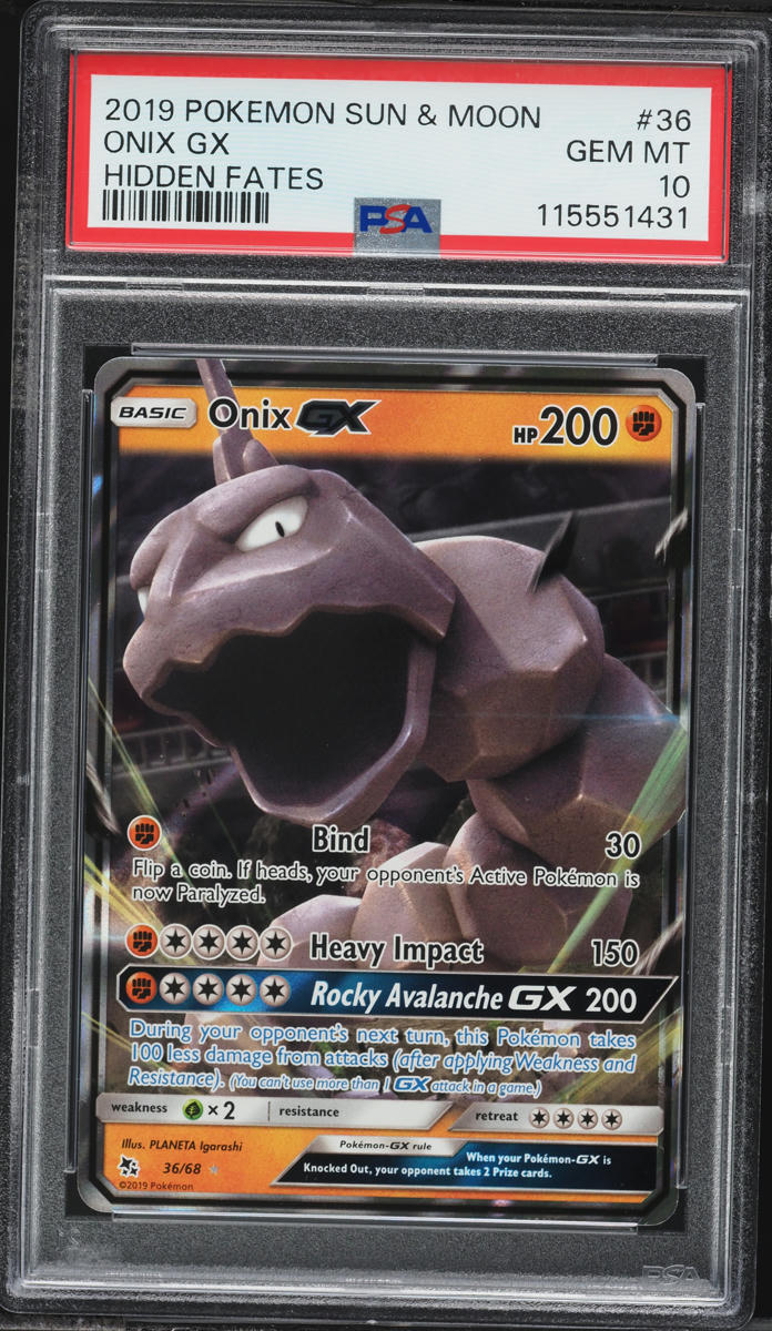 2019 Pokemon Sun & Moon Hidden Fates Full Art Onix GX #36 PSA 10 GEM MINT