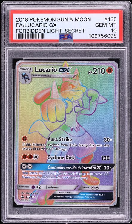 2018 Pokemon Sun & Moon Forbidden Light Rainbow Rare Lucario GX #135 PSA 10 GEM MINT