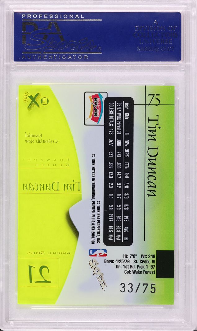 1997 Skybox E-X2001 Essential Credentials Now Tim Duncan ROOKIE /75 #75 PSA 10