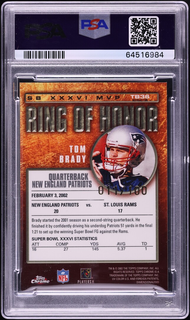 2002 Topps Chrome Ring Of Honor Refractor Tom Brady /100 #TB36 PSA 8 NM-MT