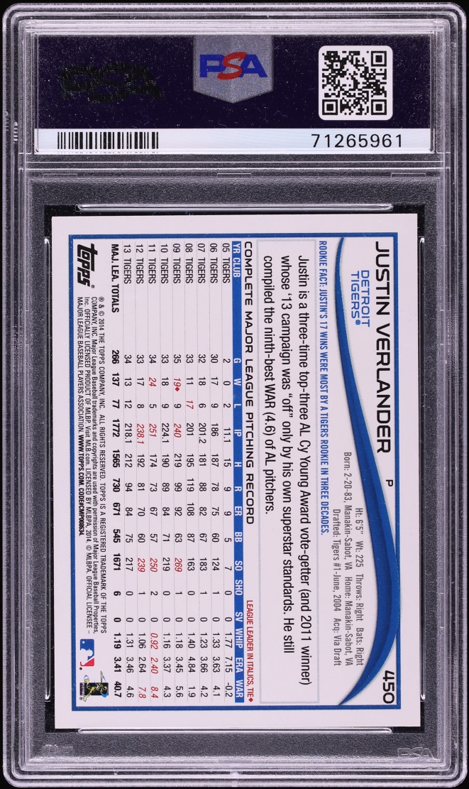 2014 Topps No Sparkle On Glove Justin Verlander #450 PSA 8 NM-MT