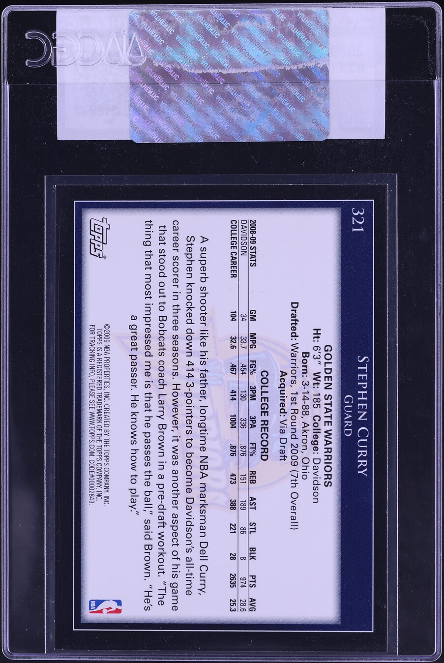 2009 Topps Basketball Stephen Curry ROOKIE #321 CGC AUTH