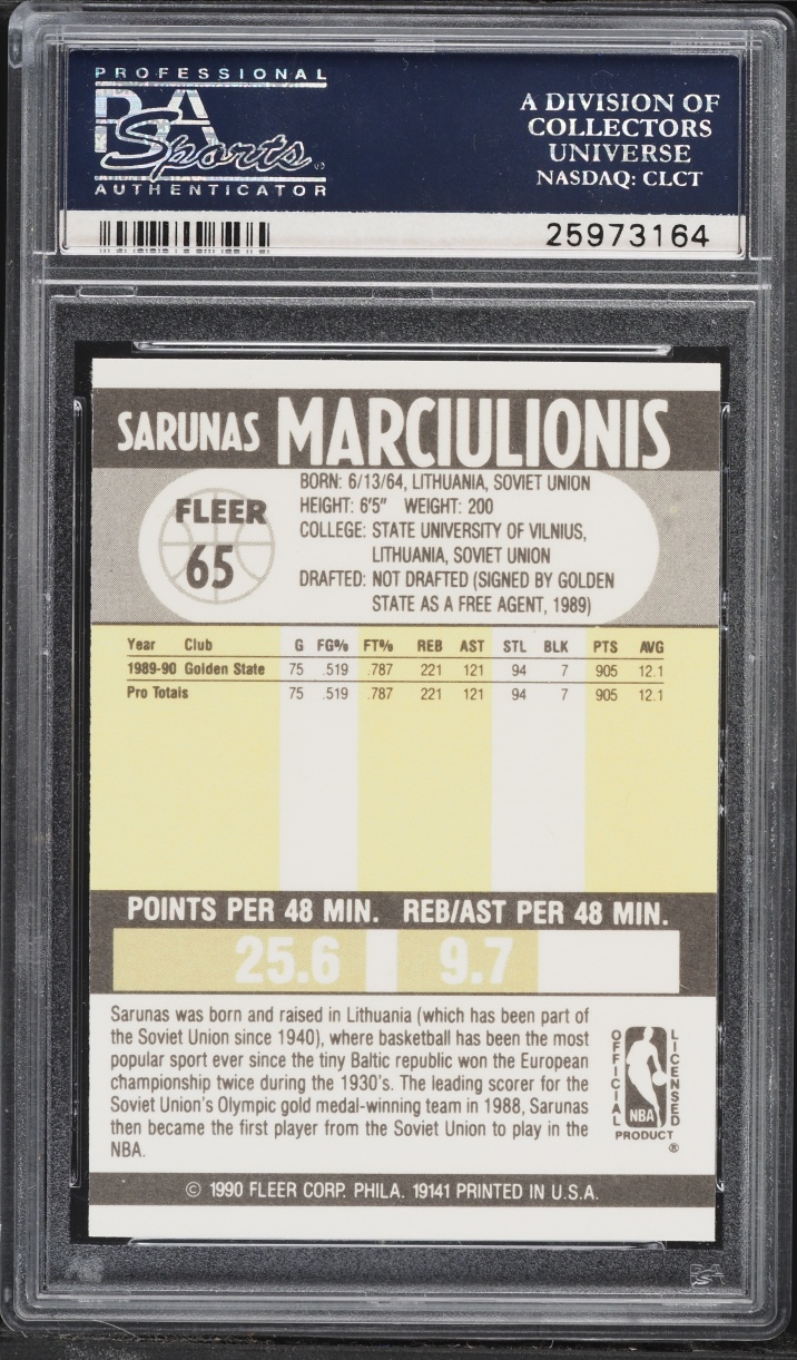 1990 Fleer Basketball Sarunas Marciulionis ROOKIE #65 PSA 10 GEM MINT