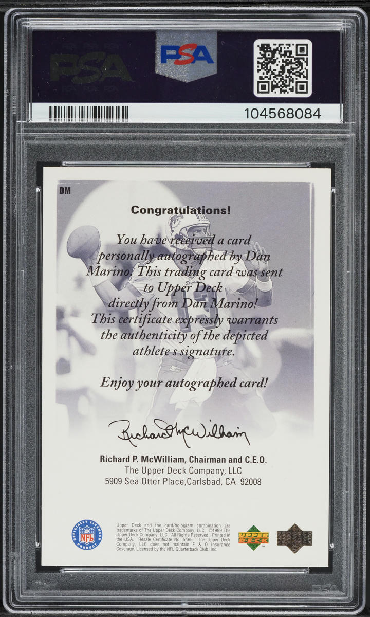 1998 Upper Deck Encore Authentics Dan Marino AUTO #DM PSA 9 MINT