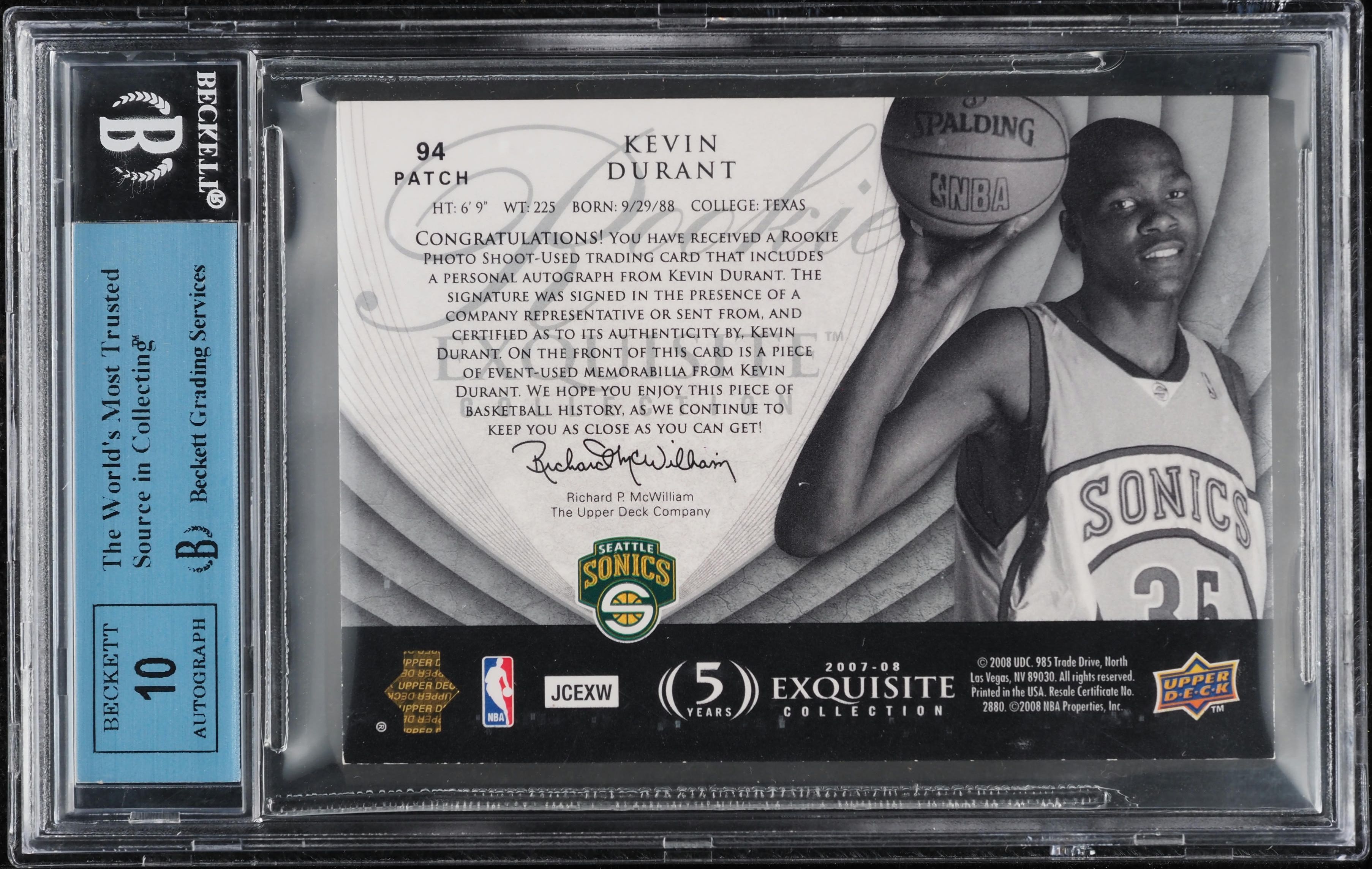 2007 Exquisite Collection Kevin Durant ROOKIE PATCH AUTO /99 #94 BGS AUTH