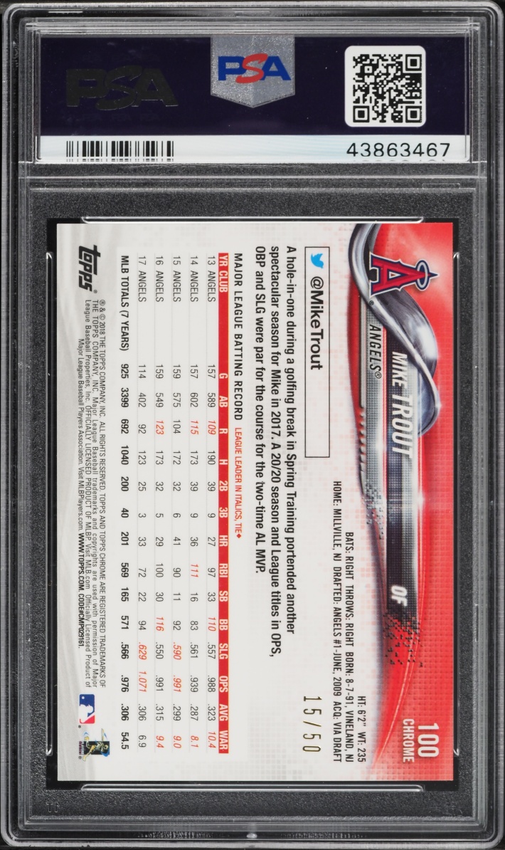 2018 Topps Chrome Gold Wave Refractor Mike Trout /50 #100 PSA 10 GEM MINT