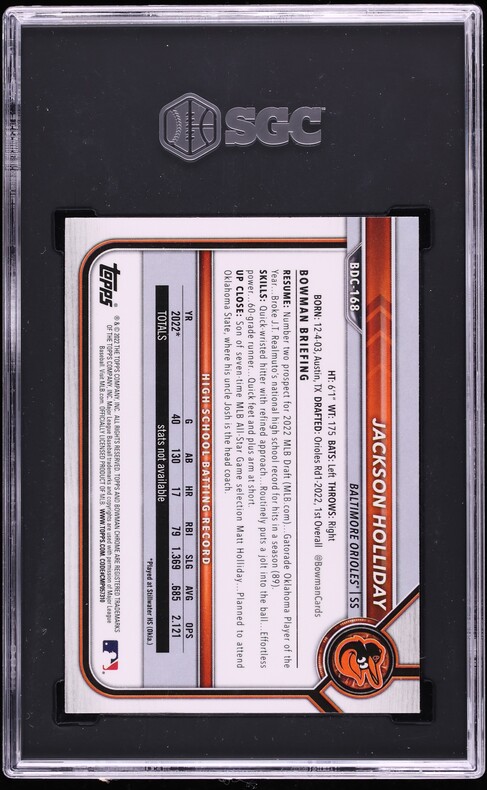 2022 Bowman Chrome Jackson Holliday PROSPECT #BDC-168 SGC 10 GEM MINT