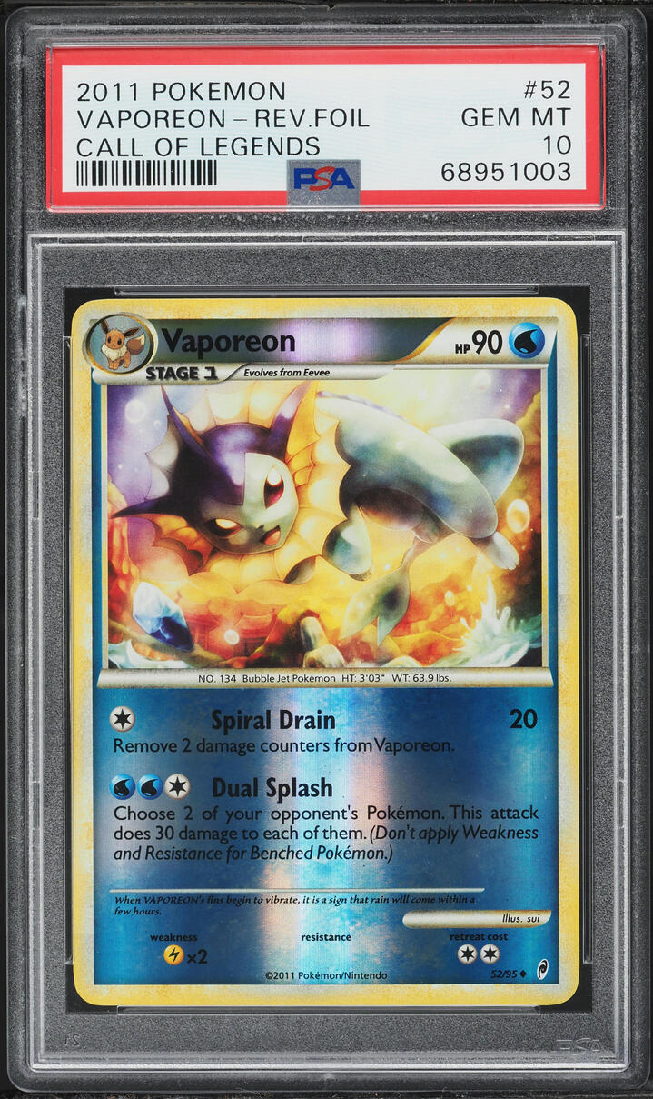 2011 Pokemon Call Of Legends Reverse Holo Vaporeon #52 PSA 10 GEM MINT