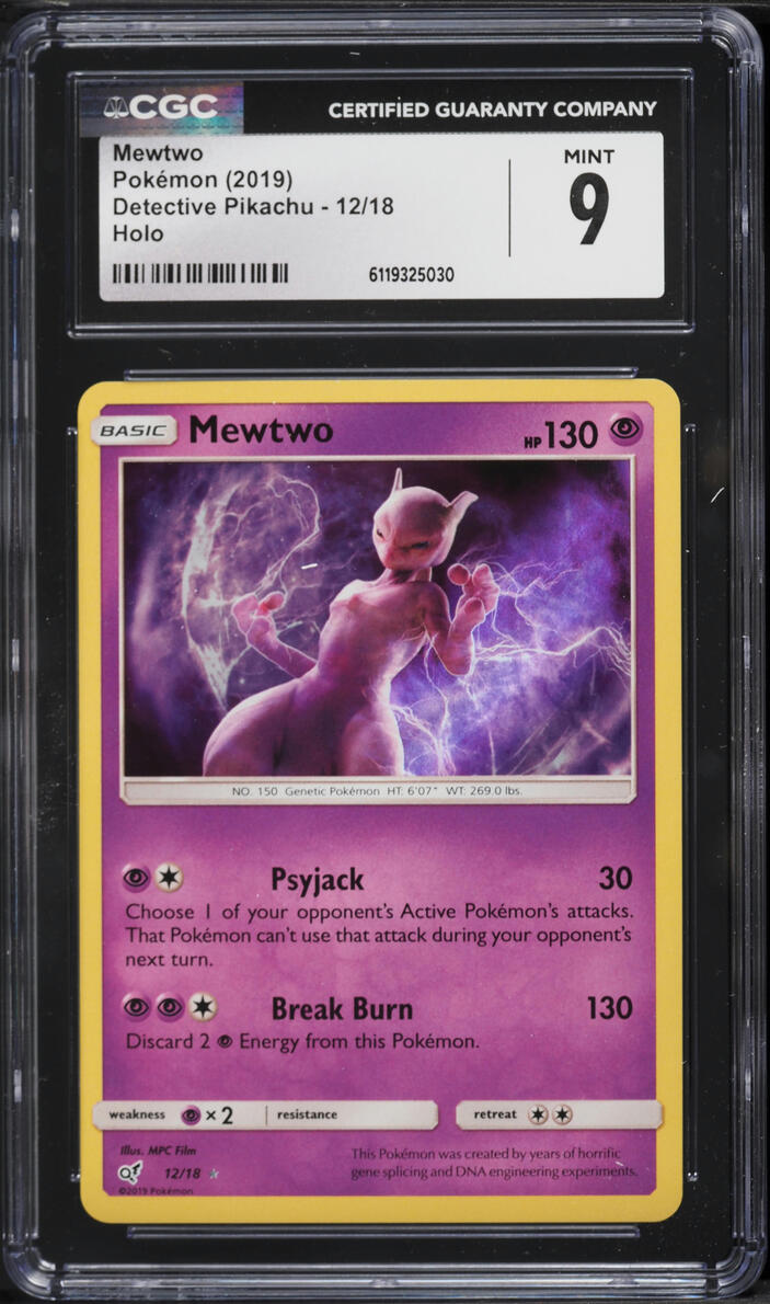 2019 Pokemon Sun & Moon Detective Pikachu Holo Mewtwo #12 CGC 9 MINT