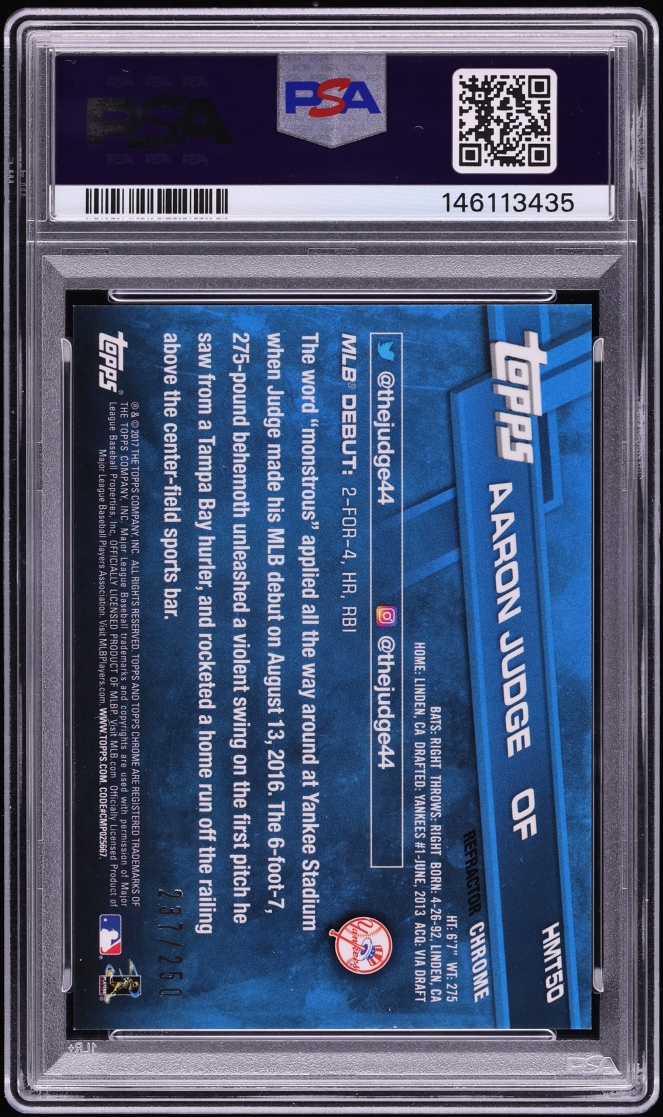 2017 Topps Chrome Update Refractor Aaron Judge ROOKIE /250 #HMT50 PSA 9 MINT