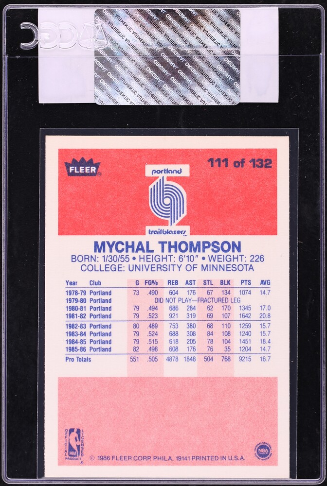 1986 Fleer Basketball Mychal Thompson #111 CGC AUTH