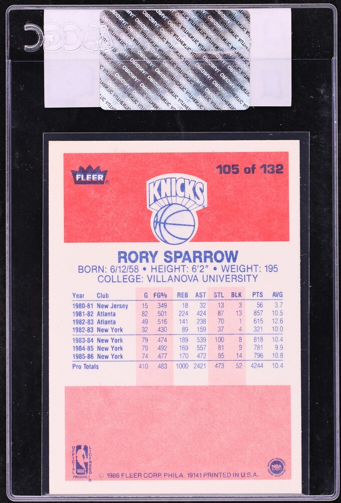 1986 Fleer Basketball Rory Sparrow #105 CGC AUTH