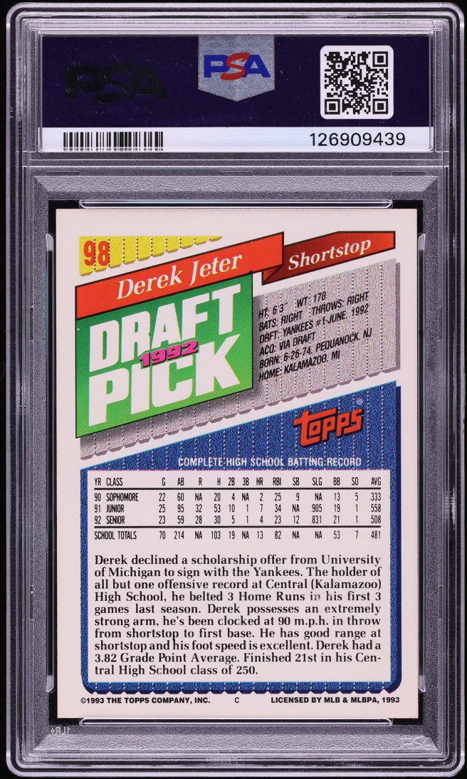 1993 Topps Derek Jeter ROOKIE #98 PSA 10 GEM MINT