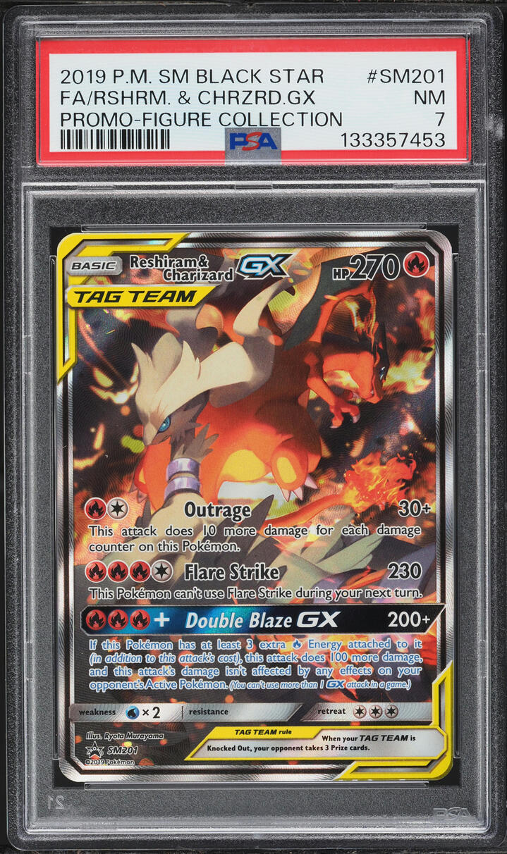 2019 Pokemon Sun & Moon Black Star Promo Full Art Reshiram & Charizard GX #SM201 PSA 7 NRMT