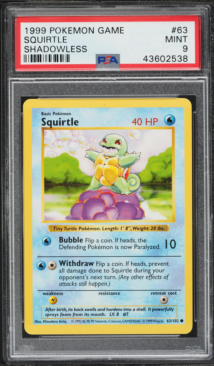 1999 Pokemon Base Set Shadowless Squirtle #63 PSA 9 MINT