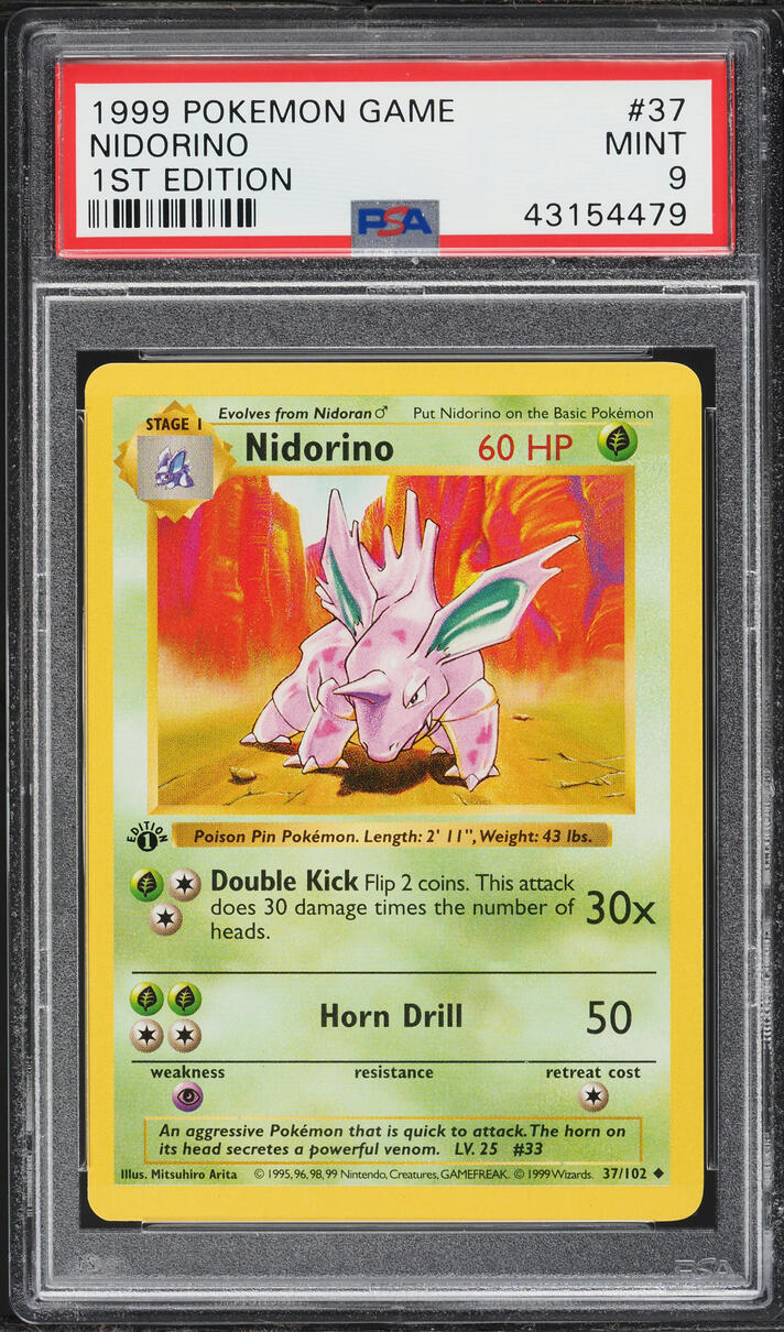 1999 Pokemon Base Set Shadowless 1st Edition Nidorino #37 PSA 9 MINT