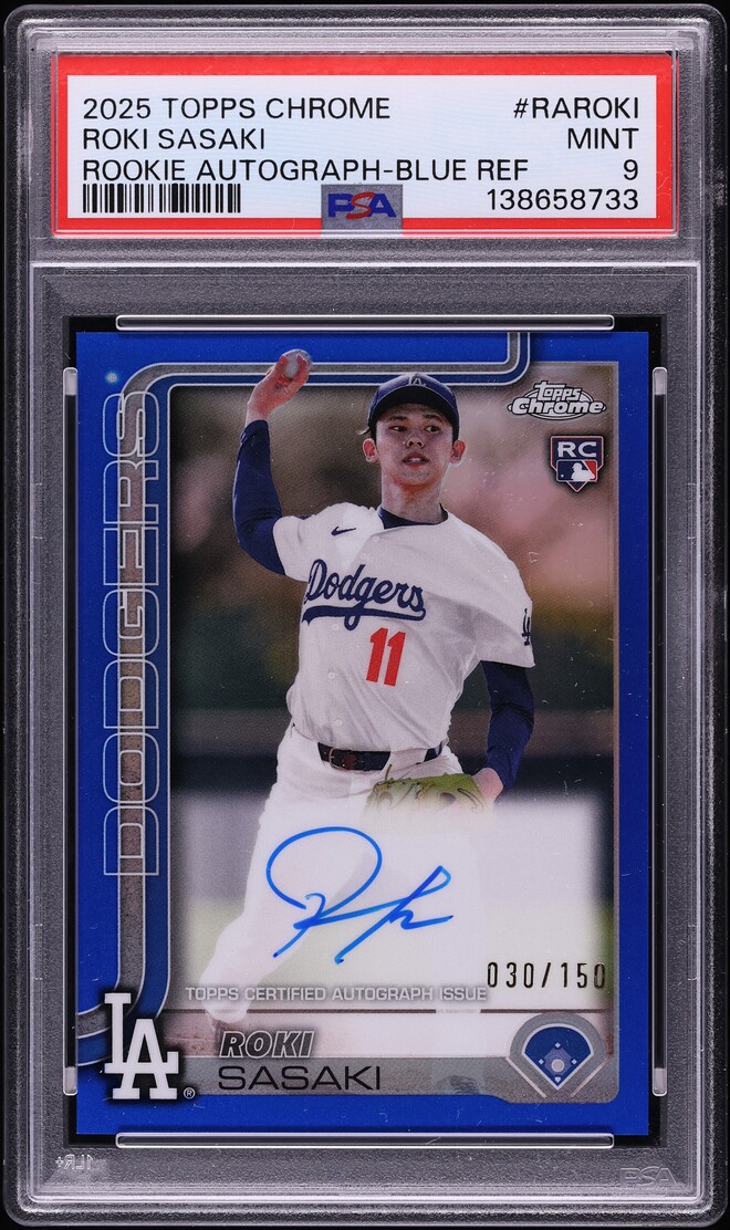 2025 Topps Chrome Blue Refractor Roki Sasaki ROOKIE AUTO /150 #RA-ROKI PSA 9 MINT