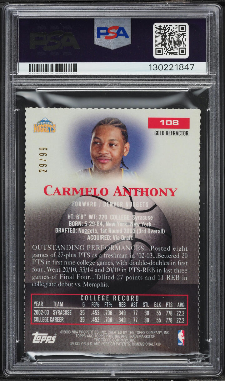 2003 Topps Pristine Gold Refractor Carmelo Anthony ROOKIE /99 #108 PSA 8 NM-MT