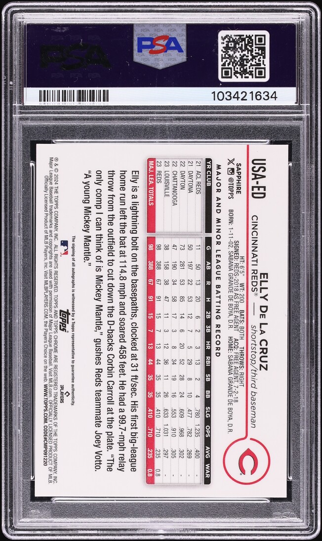 2024 Topps Chrome Sapphire Red Elly De La Cruz ROOKIE AUTO DNA 10 /5 #USA-ED PSA 10 GEM MINT - Photo 2