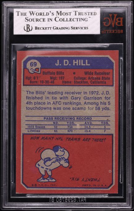 1973 Topps Football J.D. Hill #69 BVG 8 NM-MT
