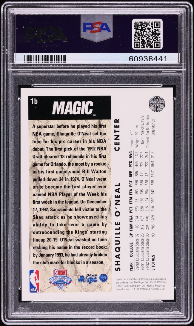 1992 Upper Deck Trade Card Shaquille O'Neal ROOKIE #1b PSA 10 GEM MINT