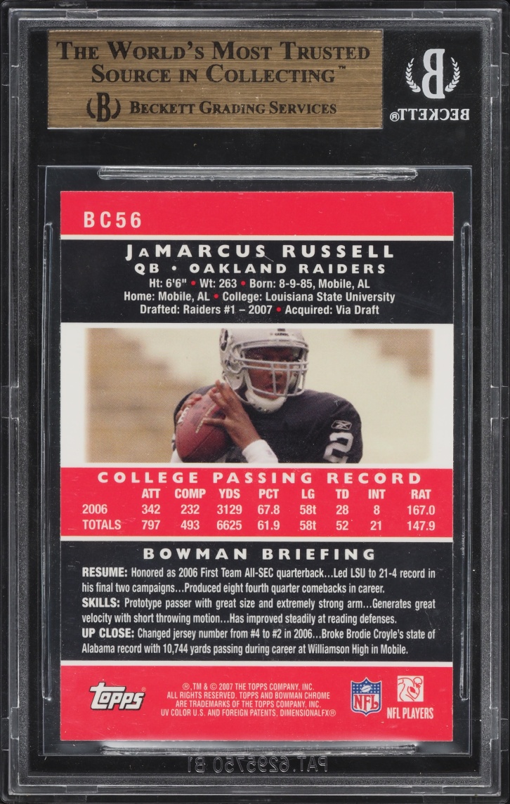 2007 Bowman Chrome Jamarcus Russell ROOKIE #BC56 BGS 9.5 GEM MINT