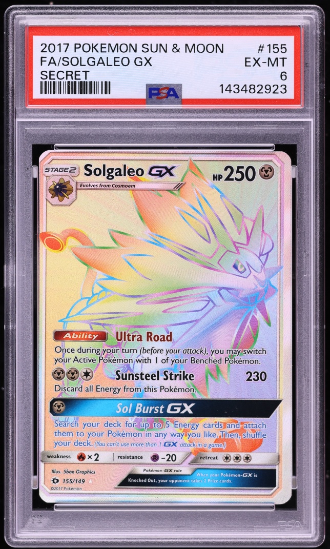 2017 Pokemon Sun & Moon Rainbow Rare Solgaleo GX #155 PSA 6 EXMT