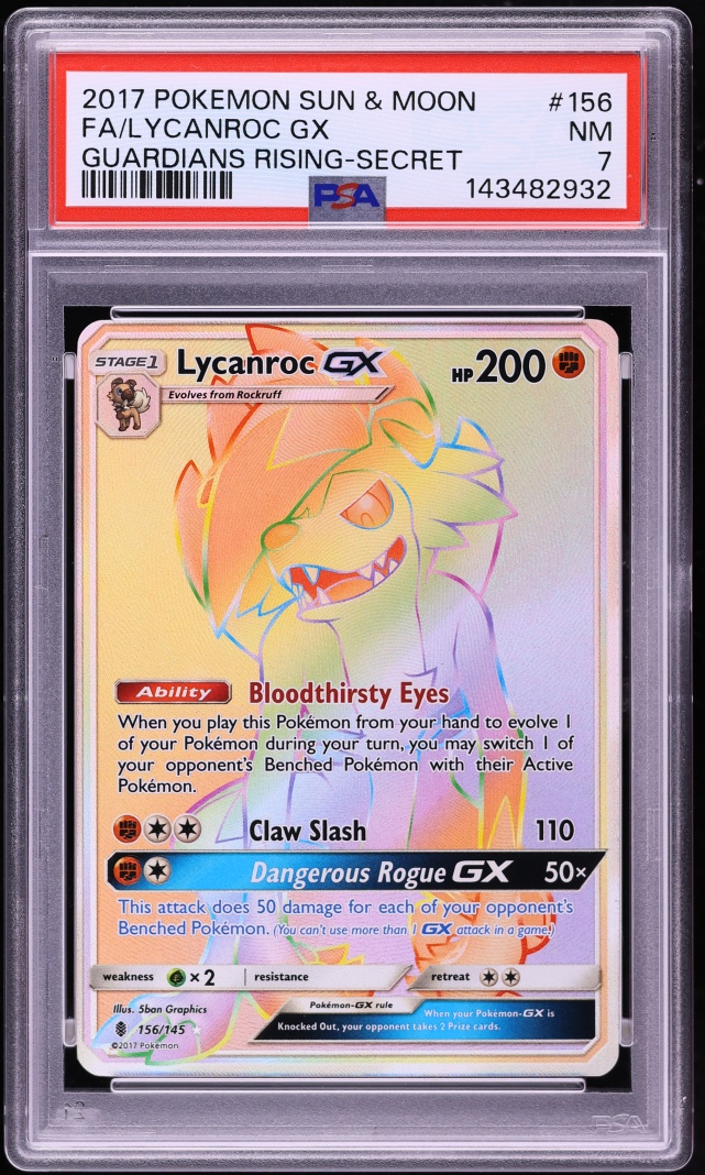 2017 Pokemon Sun & Moon Guardians Rising Rainbow Rare Lycanroc GX #156 PSA 7 NRMT