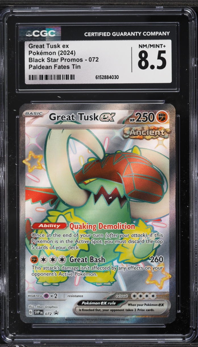 2024 Pokemon Scarlet & Violet Promo Paldean Fates Tin Full Art Great Tusk ex #72 CGC 8.5 NM-MT+