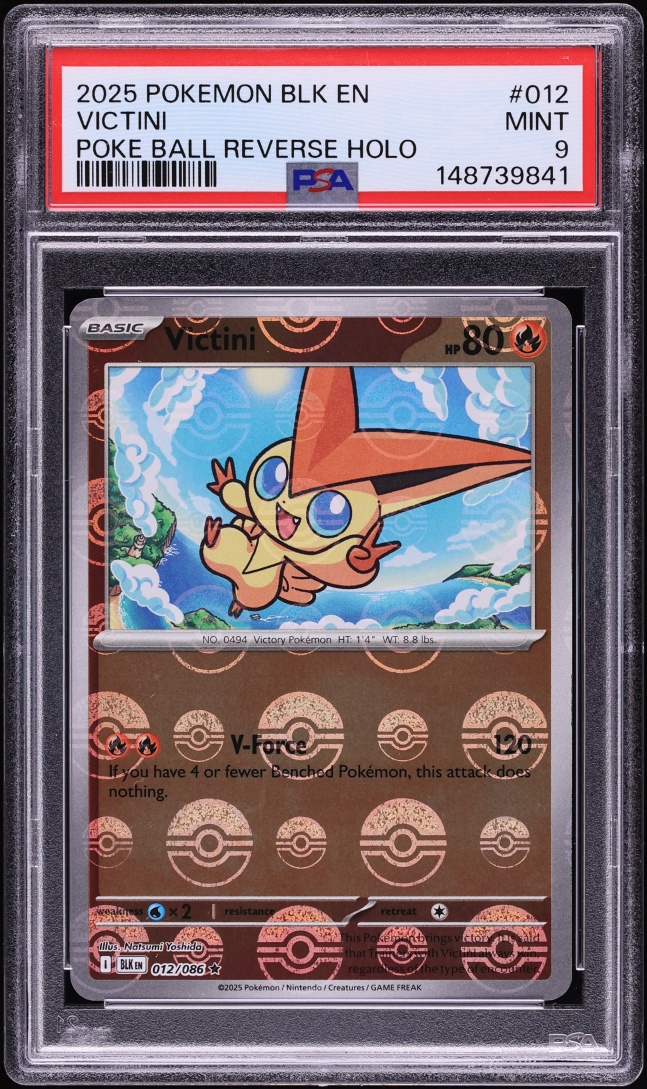 2025 Pokemon Scarlet & Violet Black Bolt Poke Ball Reverse Holo Victini #12 PSA 9 MINT
