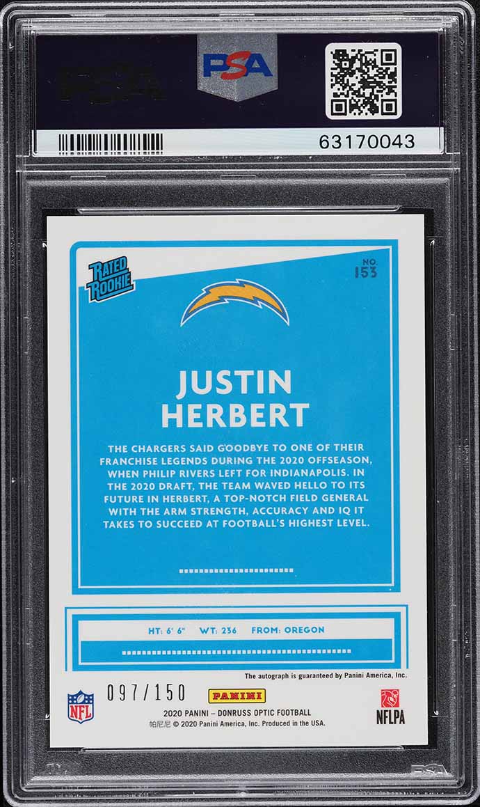 2020 Donruss Optic Justin Herbert ROOKIE AUTO DNA 10 /150 #153 PSA 10 GEM MINT