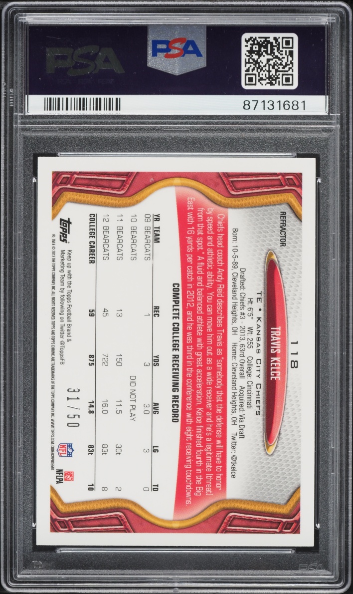 2013 Topps Chrome Gold Refractor Travis Kelce ROOKIE /50 #118 PSA 8 NM-MT