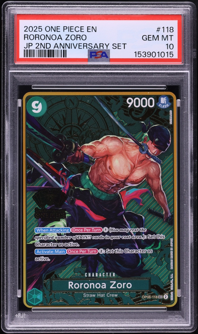 2025 One Piece 2nd Anniversary Set SEC Alt Art Roronoa Zoro #118 PSA 10 GEM MINT